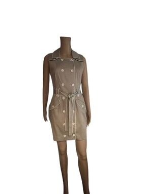Calvin Klein Beige Double Breasted Sleeveless Coat Dress with White Piping Trim